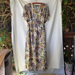 American And Beyond Caftan Dress Womens Size L Tan Floral Maxi High Front Slits